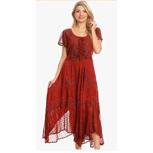 Embroidered Red Dress S/M Corset Front Renaissance Festival Milkmaid Fairy Boho
